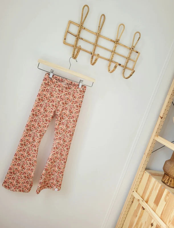 Flared Broek Rib Roze Bloem - Fijne Kleine