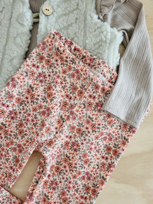 Flared Broek Rib Roze Bloem - Fijne Kleine